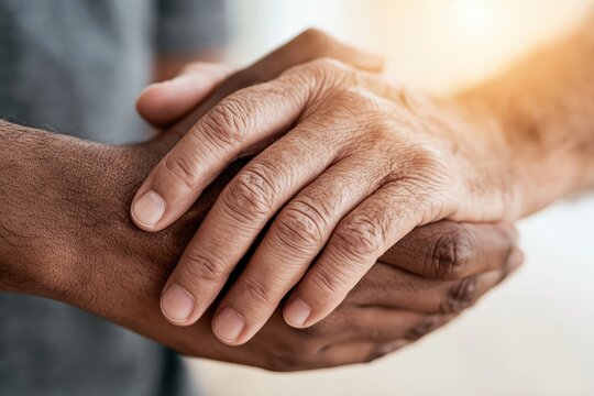 Close-up of two hands, one darker and one lighter, clasped together in a gesture of support and connection.