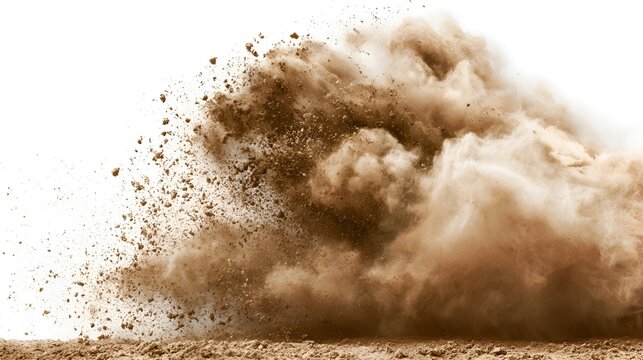 Flying dust cloud from car on white background
