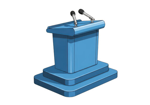 Professional blue presentation podium with two microphones isolated on a transparent background cutout