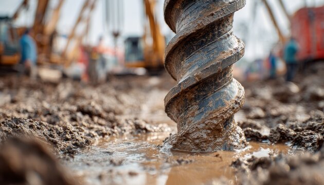 Construction site showing a drill bit emerging from muddy ground during excavation process