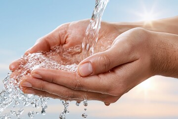 Fototapeta premium Close-up of cupped hands catching clear, flowing water under a bright, sunlit sky with a soft horizon.