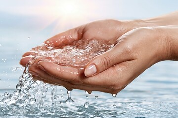 Fototapeta premium Close-up of cupped hands holding clear flowing water with sunlight shimmering on the surface.
