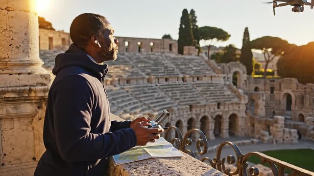 Man pilots drone near Colosseum in Rome. Tourist holds remote controller for flying drone. He checks map on stone ledge. Male traveler films ancient ruins at sunset using modern technology.