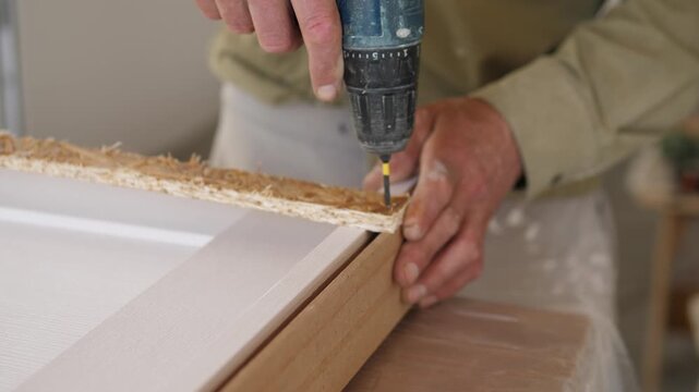 Close-up sequence follows worker hands at right side of workbench using cordless drill to secure corner joint on unfinished wooden frame beside rough chipboard edge, with soft