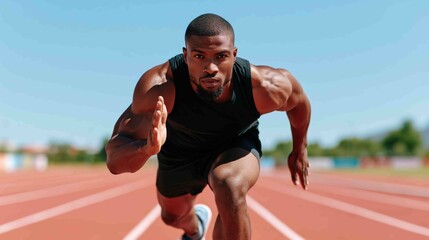 Fototapeta premium Muscular Black athlete sprinting intensely on a sunny outdoor track, focused determination