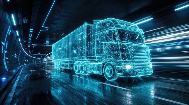 Futuristic blue wireframe semi-truck in digital tunnel.