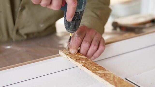 Chronological workshop sequence shows worker hands drilling, fastening, then stabilizing chipboard strip on white cabinet surface, with precise carpentry, renovation detail,