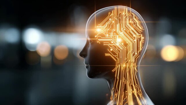 Transparent human head silhouette features illuminated electronic circuits, blending human, digital elements. This visual metaphor highlights AI, neural networks, future intelligent systems