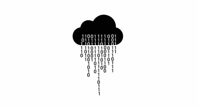 Digital cloud raining binary code, symbolizing data transfer and cloud computing.