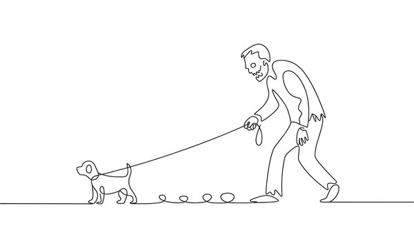 Continuous line of a zombie walking a small puppy on a leash, undead man with a dog, minimalist black outline on a white background, spooky and funny character concept