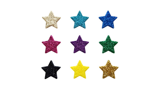 Glitter star shapes, colorful star icons, sparkly starburst symbols, decorative star stickers isolated on Transparent Background