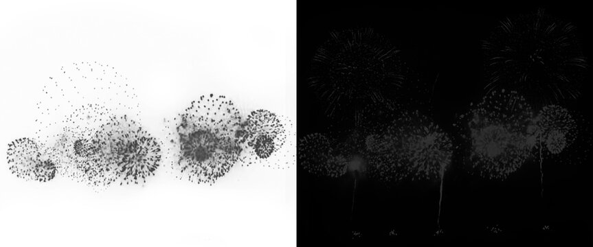 Monochrome fireworks display in black and white, minimalist pyrotechnic explosions on light and dark backgrounds, festive firework bursts