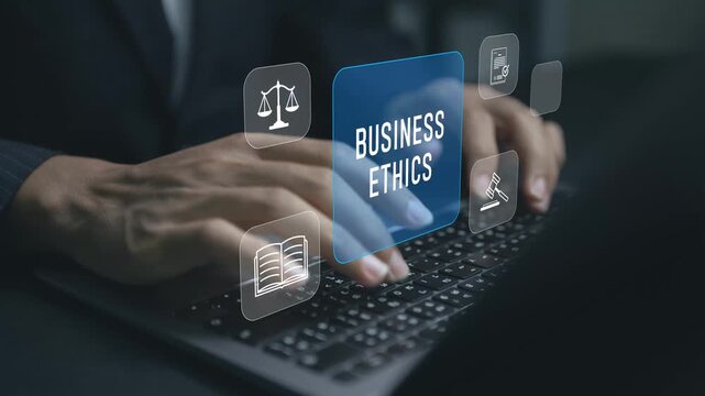 Business ethics concept. Person using laptop with compliance and integrity icons, corporate responsibility, ethical decision making and professional standards.