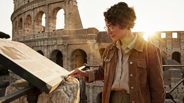 Tourist woman reads information plaque at Colosseum in Rome. Woman points at sign near ancient Colosseum. Female tourist learns history at sunset. Happy woman enjoys warm summer travel in Rome.