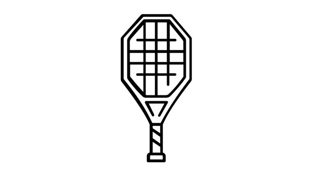 Vector illustration of a tennis racket line icon rendered as a sport racket profile with string mesh and grip, applicable to tennis coaching platforms, sports lifestyle apps, and recreation design ico