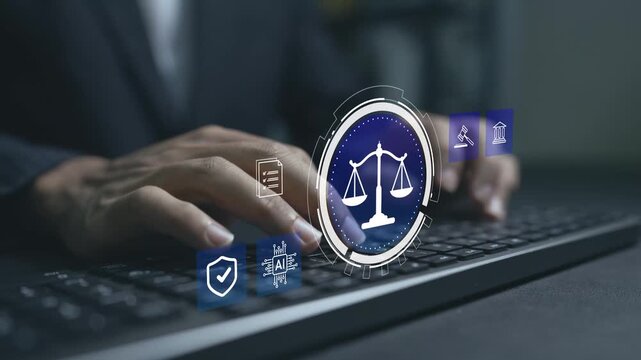 AI ethics and governance concept. Person typing keyboard with artificial intelligence and compliance icons, responsible AI, ethical decision making and regulatory oversight.