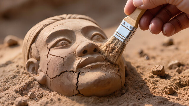 Macro Shot Archaeology Excavation Brushing Ancient Terracotta Artifact