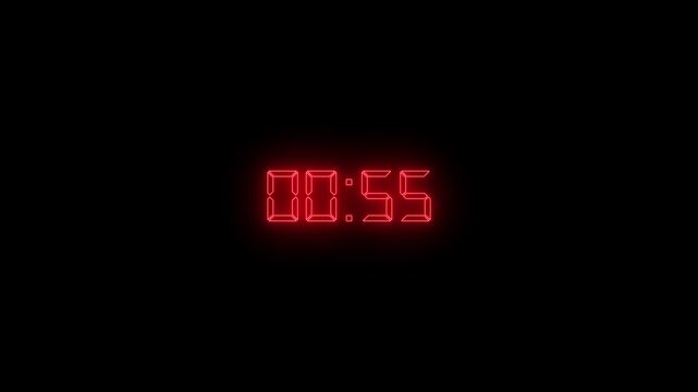 One Minute Digital Countdown Clock with Glowing Red Neon Numbers