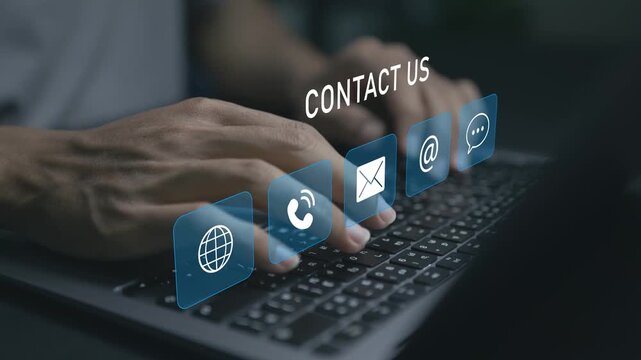 Contact us concept. Person using laptop with communication and customer support icons, online assistance, help desk services and business communication.