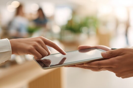 Customer touching digital tablet screen at retail checkout