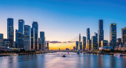 Obraz premium Modern city skyline with bridge at dusk urban architecture and transportation