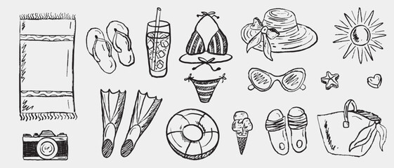 Summer beach elements pack with towel, swimsuit, cocktail, sunglasses, bag and camera. Hand drawn vector sketch illustration in vintage doodle crayon charcoal style © Nataliya Pokrovska