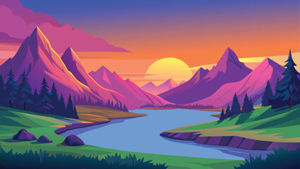 Majestic mountain valley during sunset with a winding river and vibrant sky in vector illustration style © CreativeKamrul