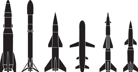 Fototapeta premium Silhouetted collection of military aviation rockets missiles and aircraft vector illustration