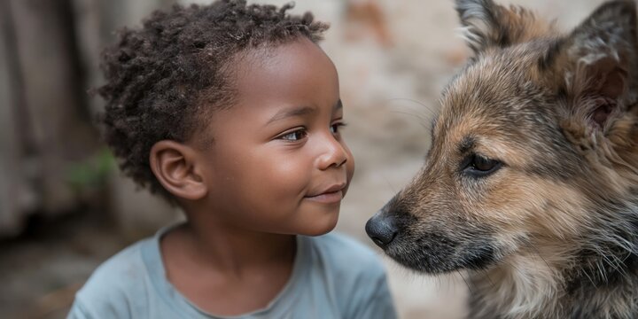 Photo of African American kid playing with dog