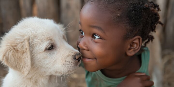 Photo of African American kid playing with dog
