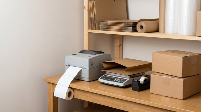 Thermal label printer at small business packing station