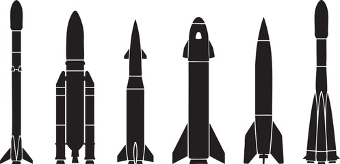 Silhouetted rocket collection diverse spacecraft designs for aerospace technology and exploration visuals © Umme