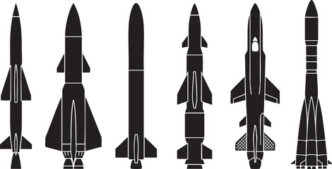 Fototapeta premium Black silhouette collection of six different military missiles and rockets ideal for defense industry graphics