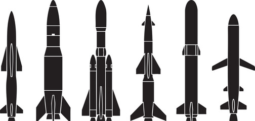 Fototapeta premium Variety of black silhouette missile designs isolated on white background military technology concepts