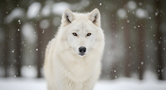 Majestic white arctic wolf standing in snowy forest during winter snowfall looking directly at camera with piercing gaze and thick fur