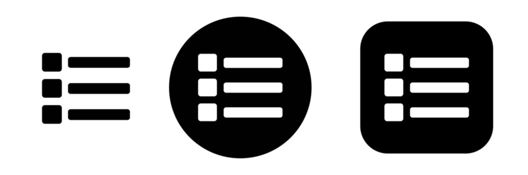 List view icon set in button style with bullet list symbol. List menu and content organization icons for navigation, dashboard access, app and web interfaces