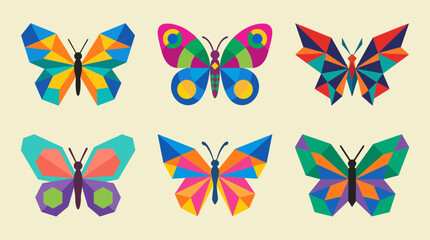 Set of six colorful geometric butterfly vector illustrations featuring vibrant triangular patterns and abstract shapes for modern creative graphic design projects © Firdaus
