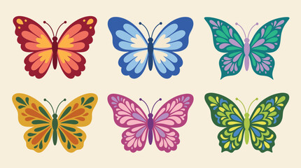 Fototapeta premium Vibrant collection of six colorful butterfly vector illustrations featuring intricate wing patterns and symmetrical designs for creative artistic graphic projects