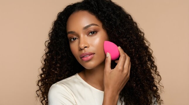 Young woman with curly hair applying foundation using a bright pink makeup sponge on face