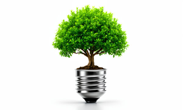 A green tree growing out of a light bulb representing sustainable energy and environmental conservation.