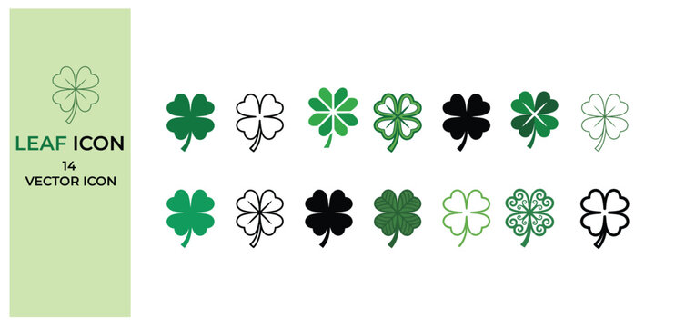 Collection of various green and black four leaf clover icons and symbols in different styles and designs