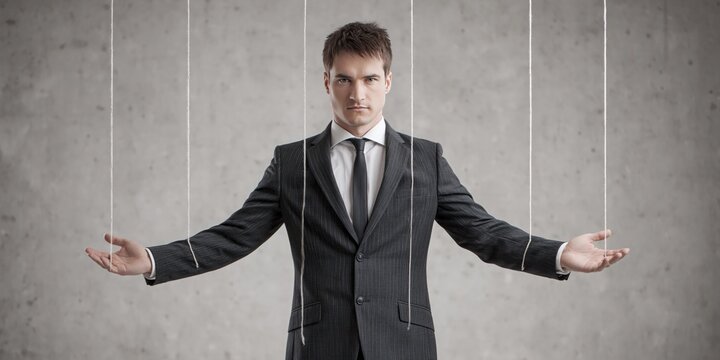 business executive in corporate suit with marionette strings being puppeteered