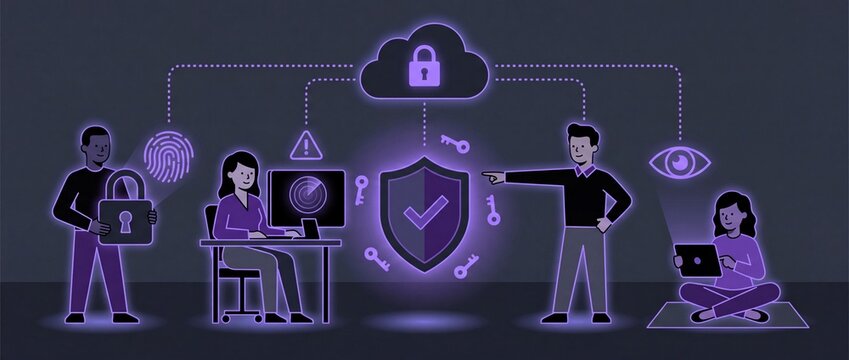 Futuristic digital security and privacy concept with neon outlines of diverse people interacting with cloud based encryption fingerprint and key icons in a dark environment