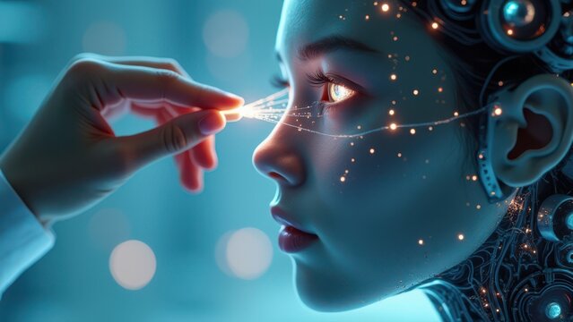 futuristic ai neural interface connecting to human temple in minimalist lab soft light biohacking technology concept
