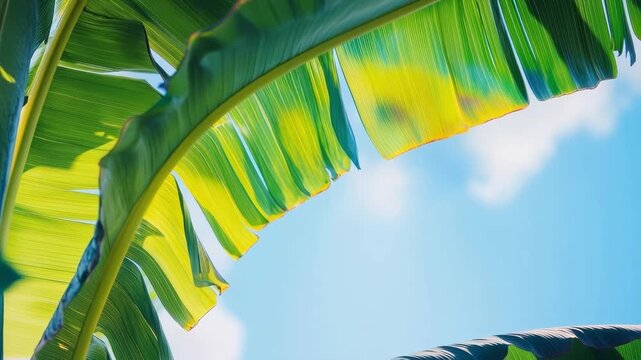 Tropical banana leaf against blue sky