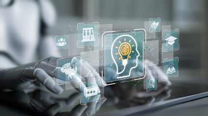 Conceptual representation of artificial intelligence and cognitive technology with robotic hands...