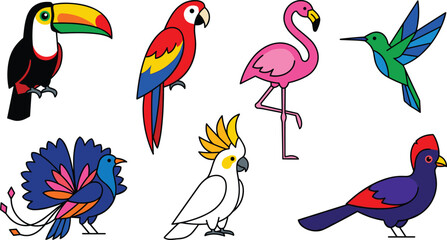 Obraz premium Exotic Tropical Birds Vector Icon Set Featuring Toucan, Macaw, Flamingo, Hummingbird, Peacock, Cockatoo, and Turaco for Wildlife, Zoo, and Nature Graphic Designs