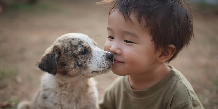 Photo of kid playing with dog 