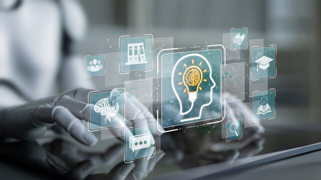 Conceptual representation of artificial intelligence and cognitive technology with robotic hands interacting with digital brain and learning icons Sigmoid