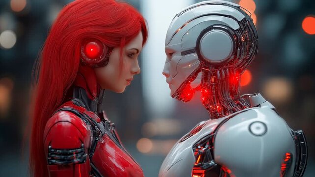 Humanoid robot and red haired cyborg facing each other in futuristic connection concept exploring human machine relationship